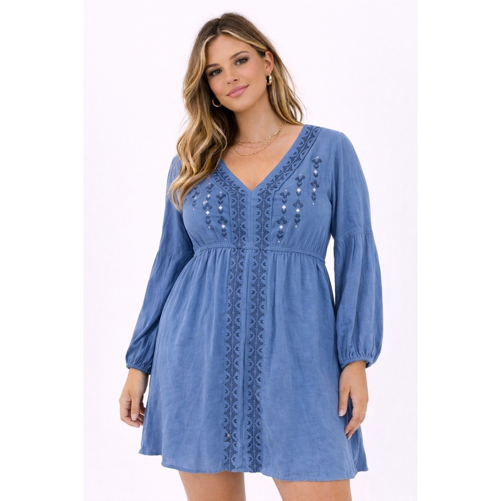 Ariat Tribal Tunic Womens Large Blue Embroidered V-Neck Long Sleeve Boho Top